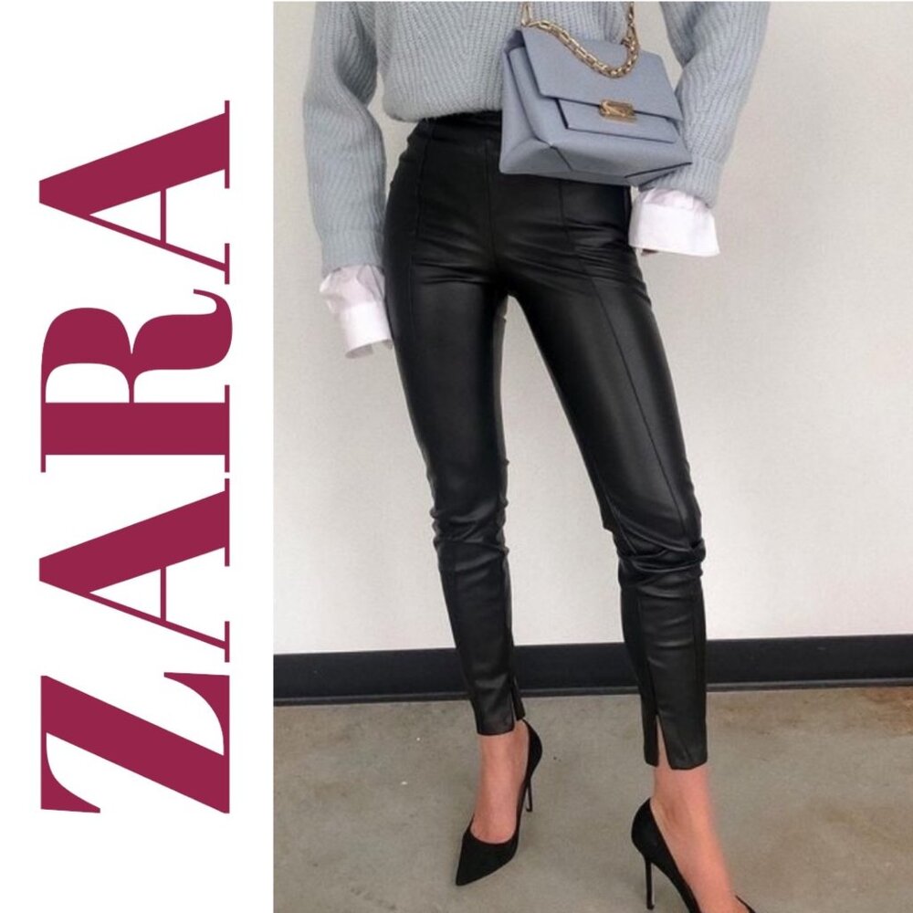 ZARA FAUX‎ LEATHER PANTS MID RISE ANKLE ZIP BLACK GOTHCORE BIKER STREETWEAR, MED